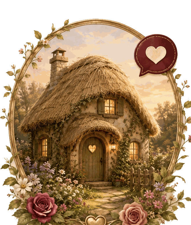An illustrated cottage surrounded by flowers in warm evening light