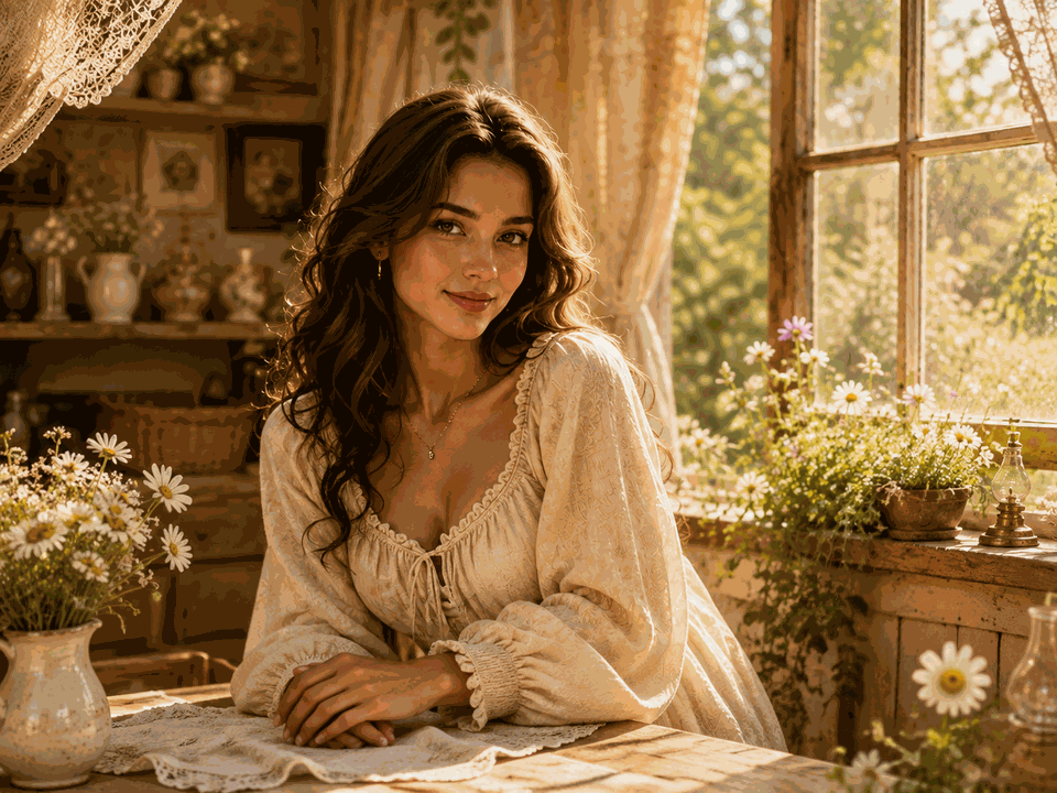 Illustration of Isabella, a fictional Cotiva companion, beside a sunlit cottage window